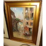 FRAMED AND GLAZED WATERCOLOUR OF STREET SCENE WITH FIGURES, SIGNED LOWER LEFT