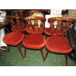 ERCOL DARK STAINED ELM CIRCULAR DROP LEAF DINING TABLE AND SIX ERCOL CHAIRS WITH FLEUR DE LYS TO