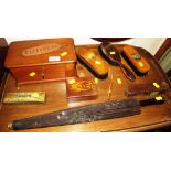 OAK JEWELLERY BOX WITH CARVED NAME TO TOP, WOODEN CIGARETTE BOX, CLOTHES BRUSHES AND ORIENTAL