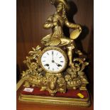 GILT CAST METAL FRENCH FIGURAL MANTLE CLOCK WITH ENAMEL DIAL (A/F)