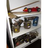 TWO BRASS BLOWTORCHES, VINTAGE GAS STOVE, WOOD PLANES AND OTHER ITEMS (THREE SHELVES)