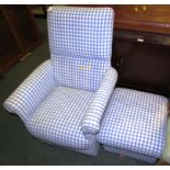 SMALL CONTEMPORARY UPHOLSTERED ARMCHAIR AND MATCHING FOOTSTOOL