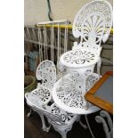 WHITE PAINTED METAL CIRCULAR GARDEN TABLE AND FOUR CHAIRS
