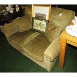 SMALL TWO SEATER SOFA IN MIXED GREEN SELF PATTERNED UPHOLSTERY