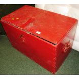 LOCKABLE RED PAINTED WOODEN LIFT TOP BOX WITH METAL HANDLES (KEY IN OFFICE)