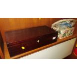 MAHOGANY LIFT TOP BOX AND SMALL SEWING HAMPER WITH CONTENTS