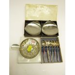 WHITE METAL ASHTRAY STAMPED GALLIA, BOXED SET OF SIX MEKA DENMARK ENAMELLED COFFEE SPOONS, AND BOXED