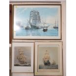 HAROLD WYLLIE TINTED ETCHING 'OLD IRONSIDES IN CHASE', AND TWO OTHER FRAMED AND GLAZED PICTURES OF