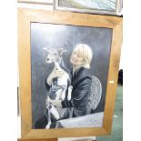 LARGE FRAMED OIL ON BOARD PORTRAIT OF WOMAN AND DOG