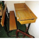 VINTAGE TUBULAR METAL FRAMED AND WOODEN TWIN SCHOOL DESK WITH BENCH