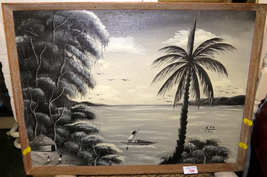 BLACK AND WHITE OIL ON BOARD OF AFRICAN LAKE SIGNED LOWER LEFT K. JOSEPH