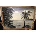 BLACK AND WHITE OIL ON BOARD OF AFRICAN LAKE SIGNED LOWER LEFT K. JOSEPH