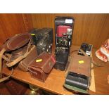 COLLECTION OF VINTAGE CAMERAS INCLUDING KODAK FOLDING PORTRAIT CAMERA, PATHESCOPE CINE CAMERA, ZEISS