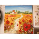 LARGE FRAMELESS OIL ON CANVAS OF POPPY FIELD WITH BARN