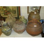 SIX ASSORTED POTTERY URNS (A/F)