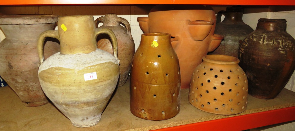 ASSORTED TERRACOTTA AND CLAY POTS AND URNS INCLUDING STRAWBERRY PLANTER