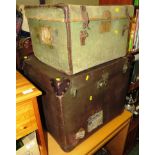 VINTAGE GREEN CANVAS AND LEATHER TRAVEL BOX AND ONE OTHER TRAVEL BOX