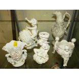 BISQUE PORCELAIN EWER, AND CERAMIC ITEMS IN WHITE GLAZE - FIGURAL STAND AND TWO FIGURAL VASES, AND