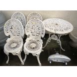 WHITE PAINTED CAST METAL GARDEN TABLE AND FOUR MATCHING CHAIRS