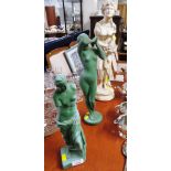 TWO GREEN PAINTED PLASTER CLASSICAL FIGURES OF WOMEN AND ONE OTHER FIGURE (A/F)