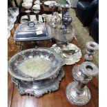 SELECTION OF SILVER PLATED METALWARE INCLUDING CANDLESTICKS, SERVING DISH ON STAND WITH BURNER,