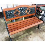 PAINTED CAST METAL AND WOODEN SLATTED GARDEN BENCH WITH FLORAL DESIGN TO BACK