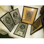 FIVE FRAMED AND GLAZED ENGRAVINGS INCLUDING HENRY VIII AND CROMWELL