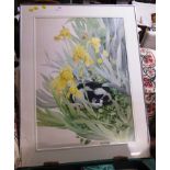 LARGE FRAMED AND GLAZED WATERCOLOUR OF CAT AMONGST FLOWERS SIGNED ANNE SEARLE, TITLE VERSO 'SMUDGE