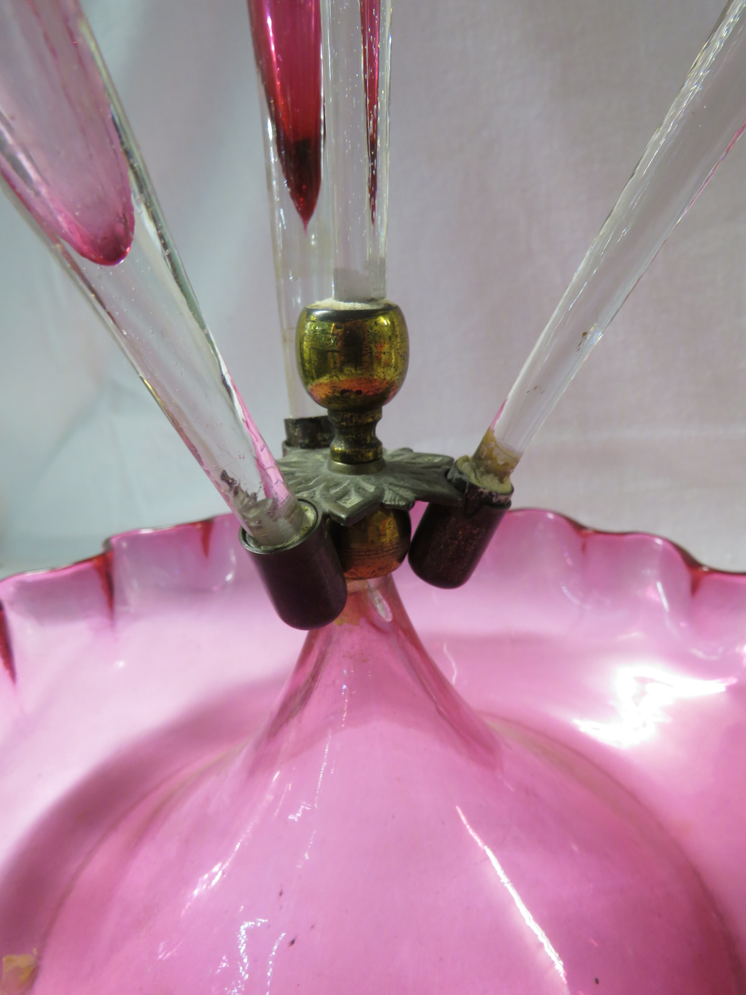 A fine Victorian fluted four stem cranberry glass epergne surmounted on a glass bowl. The trumpet - Image 3 of 5