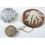 Silver mounted Queen Victoria 1887 two shilling crown coin brooch, one other 1887 shilling piece