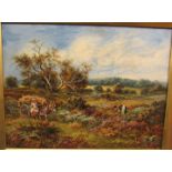 The Bracken Gatherers, oil on canvas, (28.5cm x 37.5cm), signed lower left, in a gilt frame,