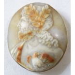 A cameo brooch depicting Pliny and dove, yellow metal mount, no stamped marks, overall height 46mm