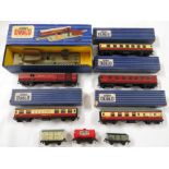 Boxed Hornby Dublo OO gauge: T.P.O mail van set; D22 corridor coach 32022; D12 corridor coach; D21