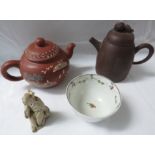 Chinese Yixing style dark brown pottery tea pot with a lion finial lid, inscriptions to body and