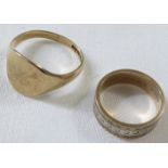 Two gold rings - the first a 9ct gold signet ring engraved M, 3.4g, size R for guidance only; the