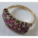 **Payment in person or by bank transfer only**A ruby and diamond ring, the stones set in three rows,