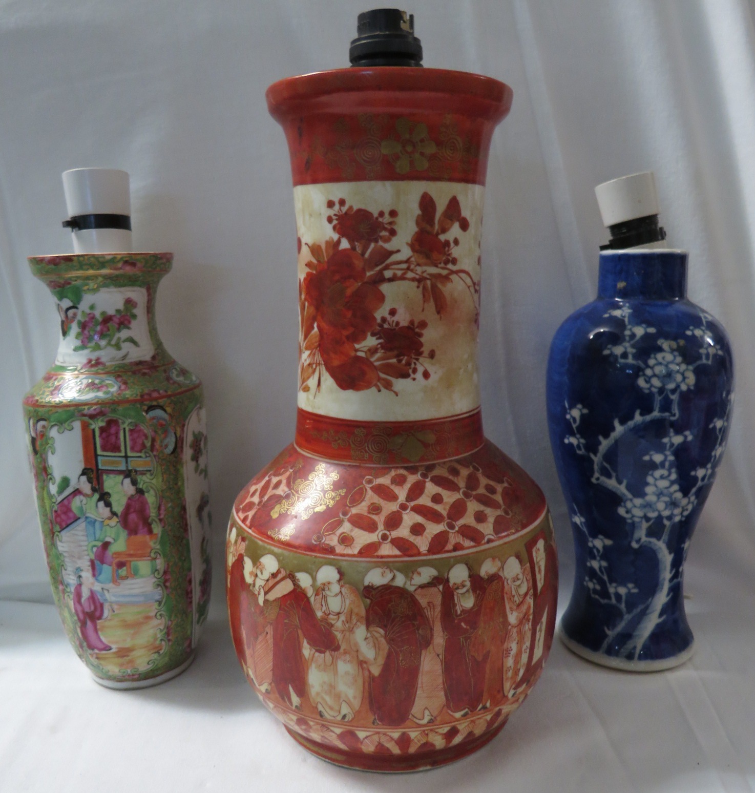 Three Chinese and Japanese porcelain vases converted to table lamps - the first a bottle vase