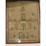 An 18th century sampler with houses, windmill and trees, etc, framed and glazed