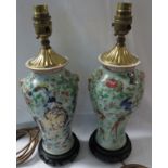 Pair of Chinese porcelain vases converted to table lamps, green ground with figures, birds and