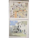 Two oil on canvas pictures of Balearic town scenes signed Grimes, 70cm x 77cm and 69cm x 74cm,