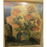 Still life with dahlias in vase, oil on board, illegible signature lower left, perhaps Gw...(?), (