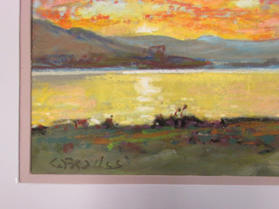 Lake at sunset, pastel, signed lower left and in pencil lower right, (27cm x 34cm), F&G, typed - Image 2 of 5