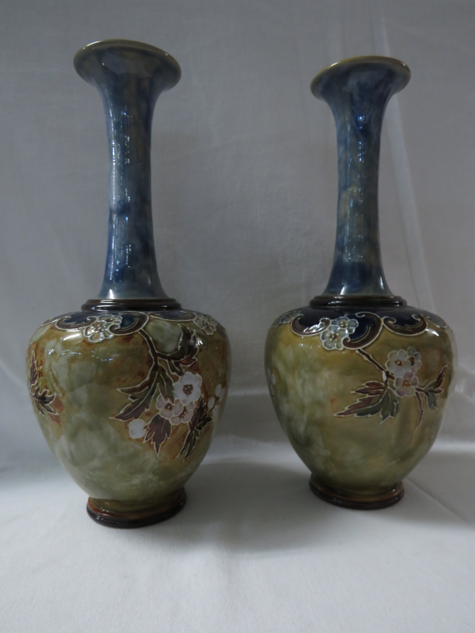 Pair of Royal Doulton bottle vases, pale blue glazed neck, the bodies with tubed line decoration - Image 2 of 3