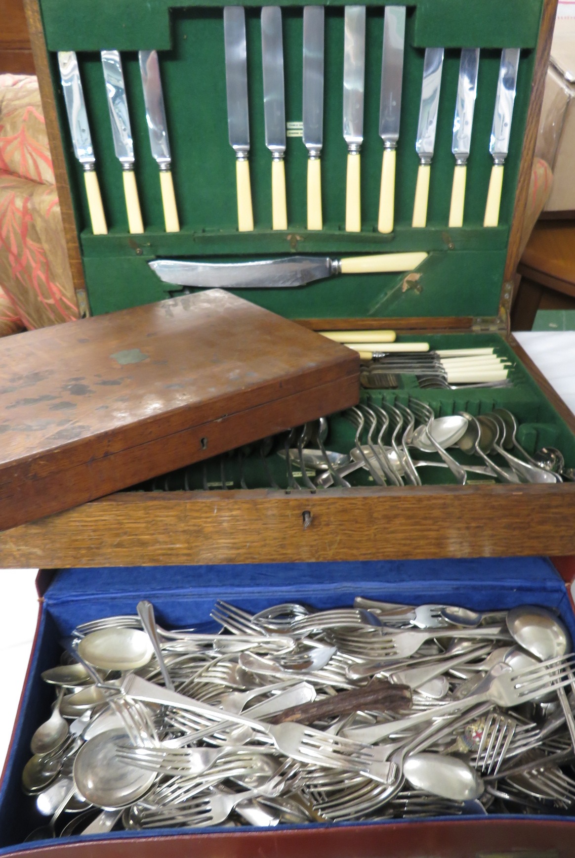 A Waring & Gillow oak canteen box and a suitcase of assorted plated cutlery by Viner, Insignia,
