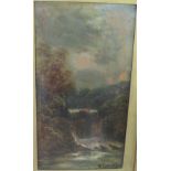 Waterfall shrouded by trees, oleograph marked W Collins, 65cm x 45cm, in gilt frame
