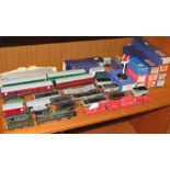 Box of Hornby model railway locomotives, rolling stock, etc