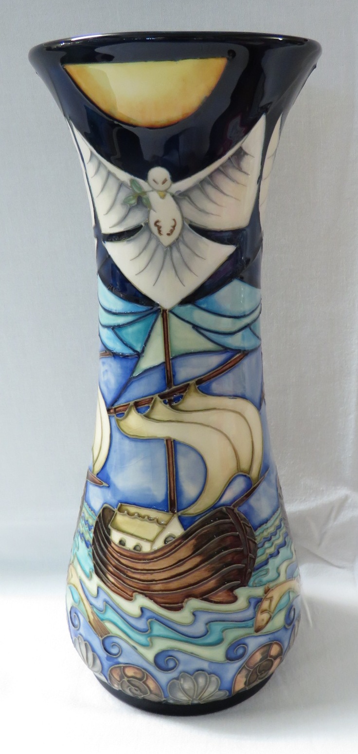 Moorcroft pottery 'Winds of Change' pattern slender baluster vase, tube lined decoration of doves