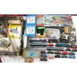 Assorted model railway accessories including locomotives, rolling stock, Linka modelling building sy