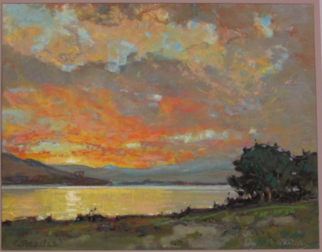 Lake at sunset, pastel, signed lower left and in pencil lower right, (27cm x 34cm), F&G, typed