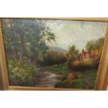 Cottage and stream, oil on canvas, (44.5cm x 60cm) in a gilt frame